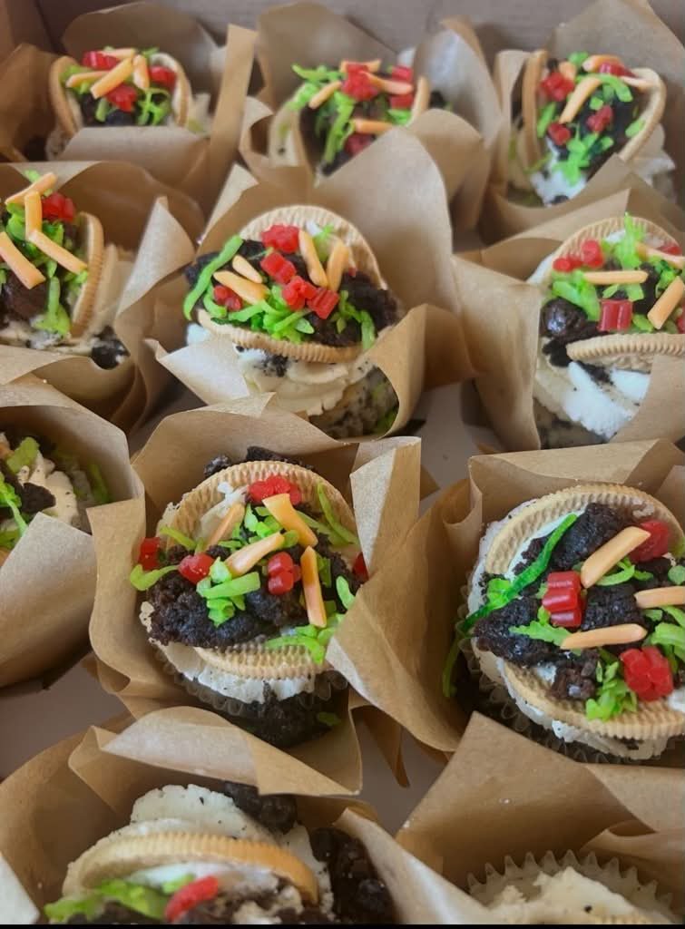 Taco-themed cupcakes with an Oreo shell and candy toppings