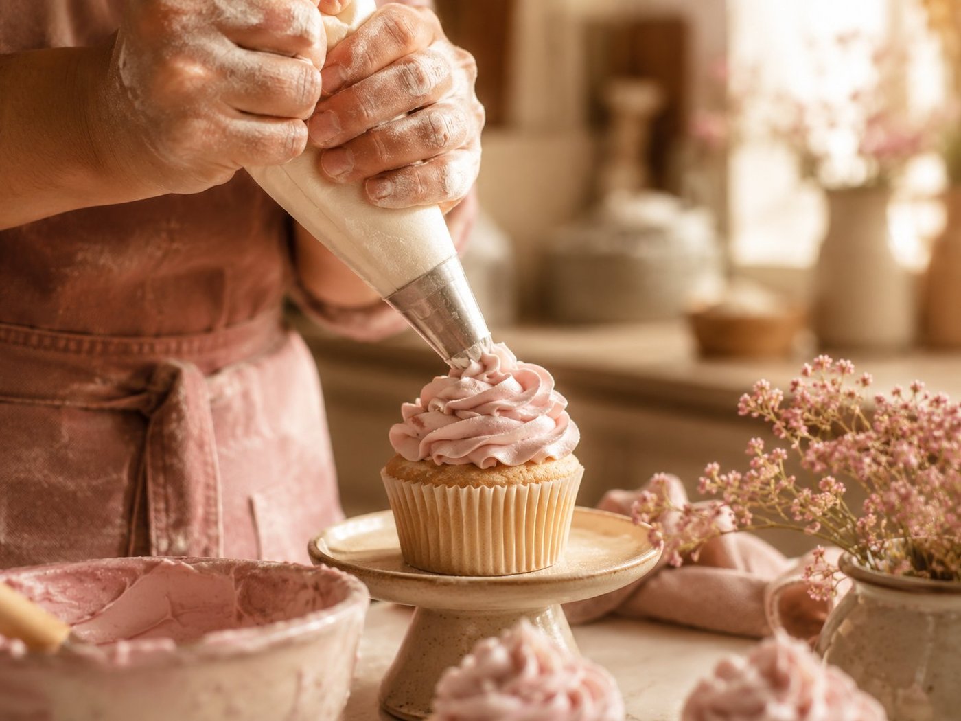 Hands piping pink frosting onto a freshly baked cupcake in a home kitchen